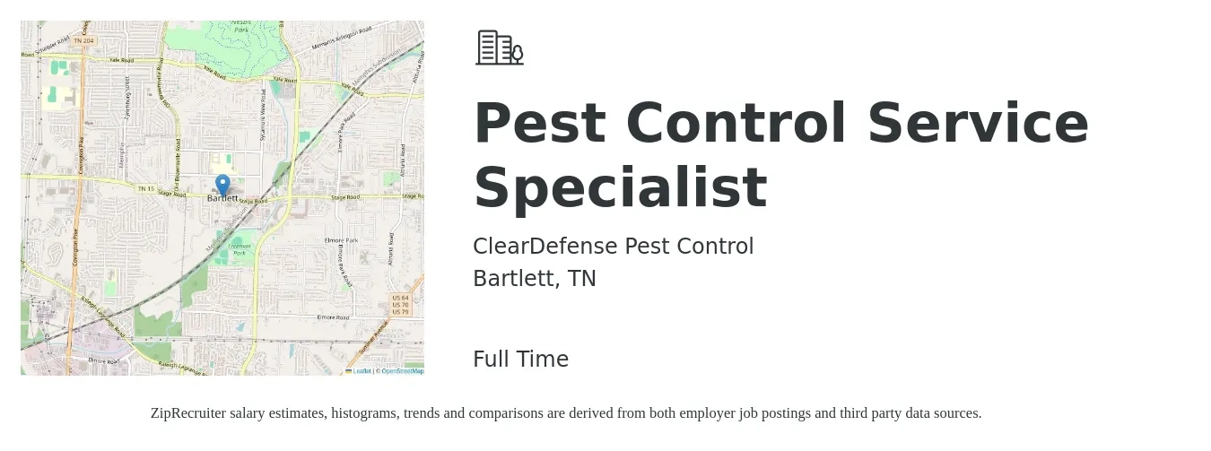 ClearDefense Pest Control job posting for a Pest Control Service Specialist in Bartlett, TN with a salary of $16 to $22 Hourly with a map of Bartlett location.