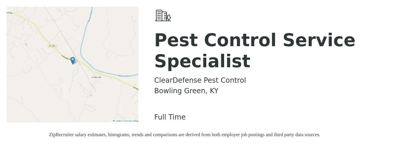 ClearDefense Pest Control job posting for a Pest Control Service Specialist in Bowling Green, KY with a salary of $16 to $22 Hourly with a map of Bowling Green location.