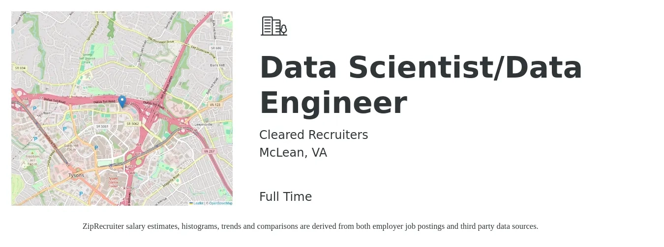 Cleared Recruiters job posting for a Data Scientist/Data Engineer in McLean, VA with a salary of $134,900 to $171,800 Yearly with a map of McLean location.