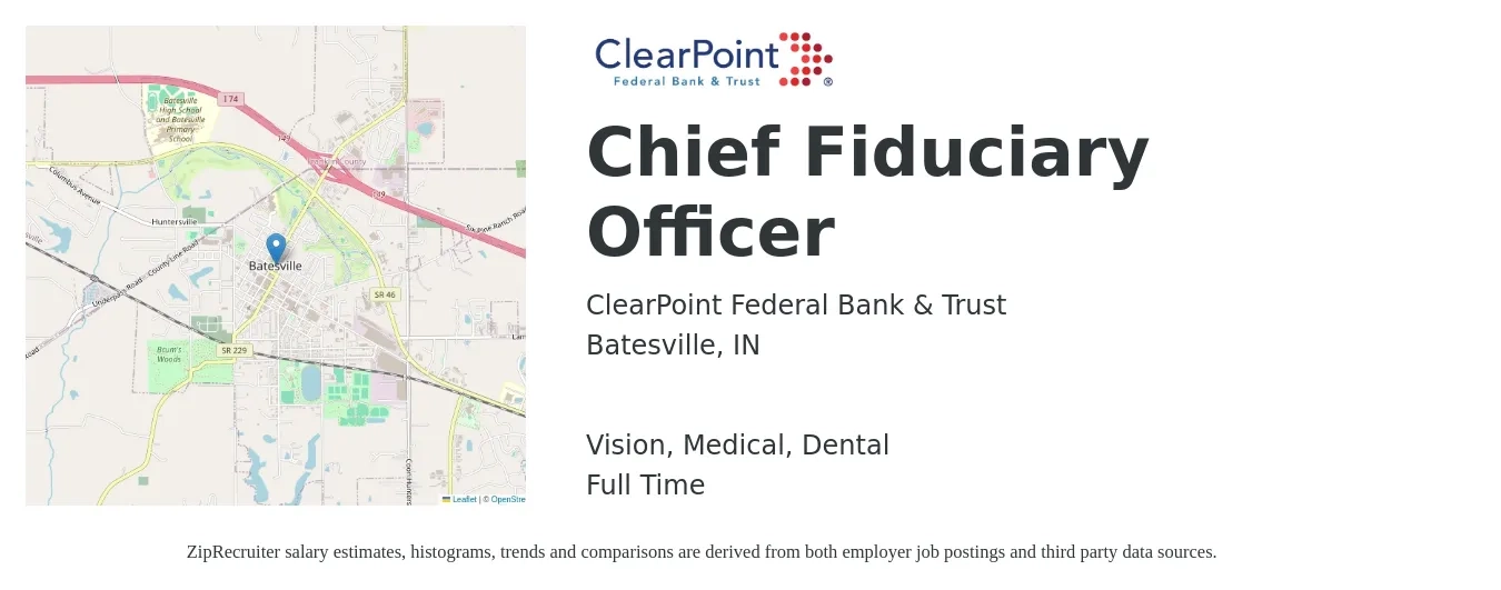 ClearPoint Federal Bank & Trust job posting for a Chief Fiduciary Officer in Batesville, IN with a salary of $107,500 to $178,300 Yearly and benefits including dental, life_insurance, medical, retirement, and vision with a map of Batesville location.