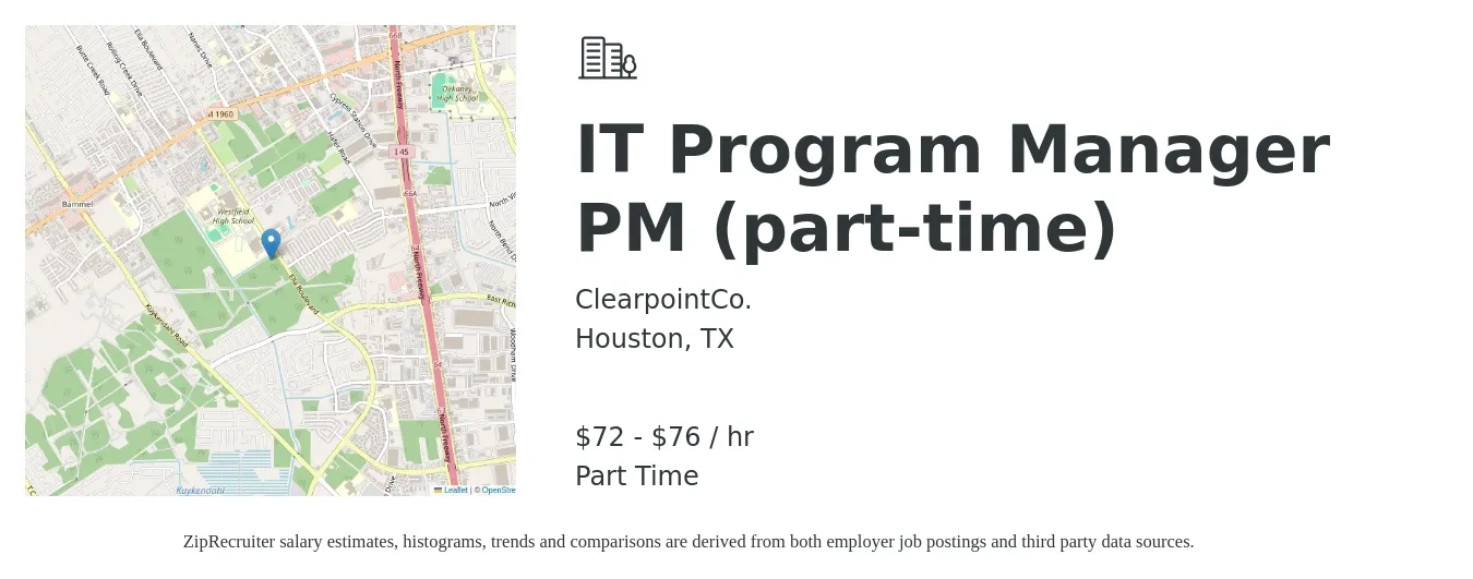ClearpointCo. job posting for a IT Program Manager PM (part-time) in Houston, TX with a salary of $75 to $80 Hourly with a map of Houston location.