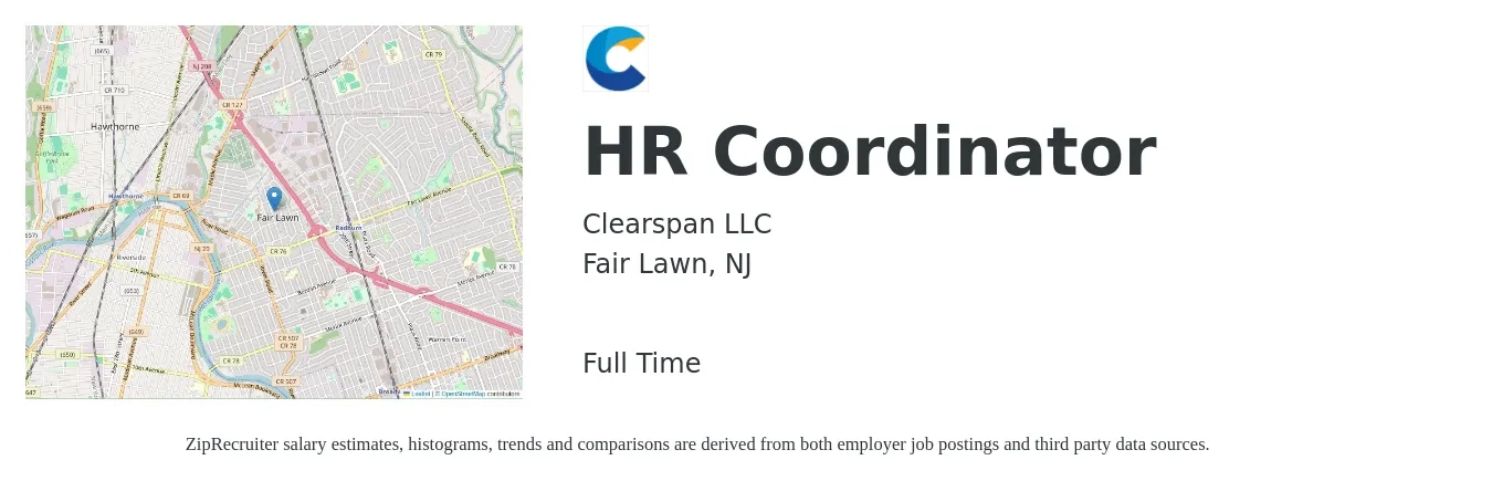 Clearspan LLC job posting for a HR Coordinator in Fair Lawn, NJ with a salary of $21 to $28 Hourly with a map of Fair Lawn location.