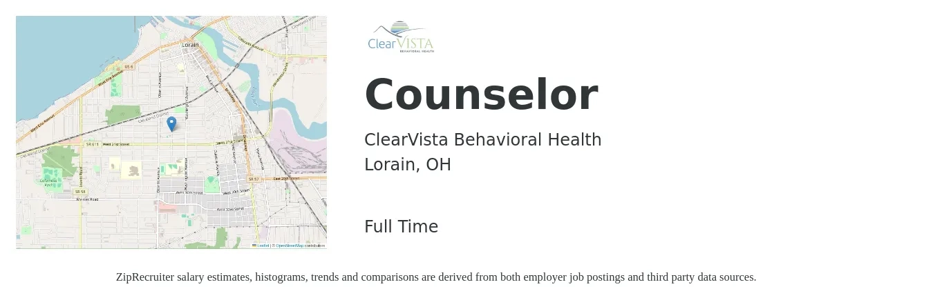 ClearVista Behavioral Health job posting for a Counselor in Lorain, OH with a salary of $18 to $28 Hourly with a map of Lorain location.