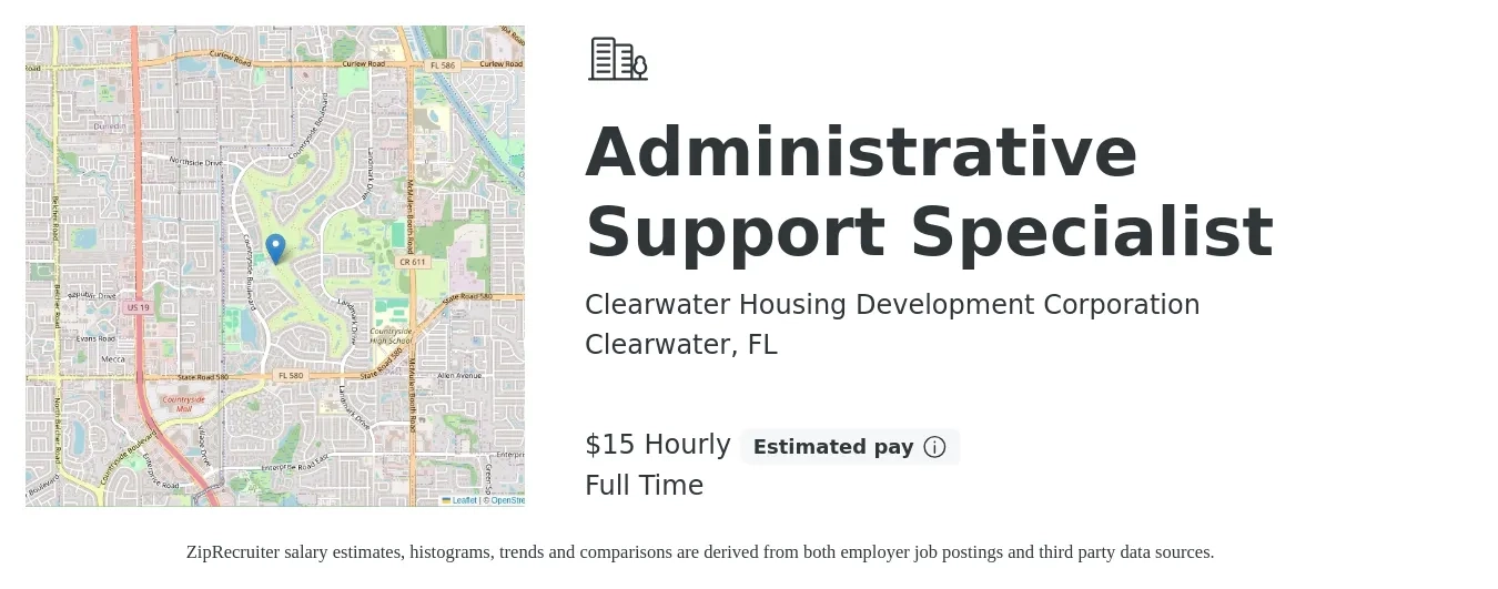 Clearwater Housing Development Corporation job posting for a Administrative Support Specialist in Clearwater, FL with a salary of $16 Hourly with a map of Clearwater location.