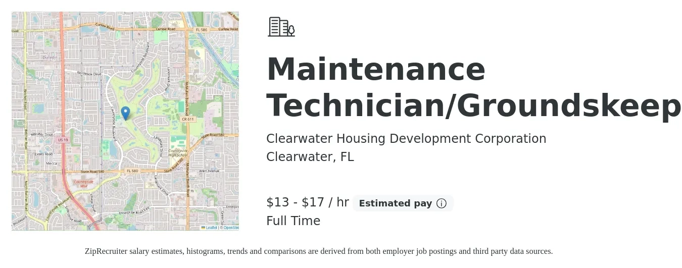 Clearwater Housing Development Corporation job posting for a Maintenance Technician/Groundskeeper in Clearwater, FL with a salary of $14 to $18 Hourly with a map of Clearwater location.