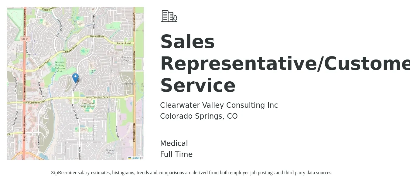 Clearwater Valley Consulting Inc job posting for a Sales Representative/Customer Service in Colorado Springs, CO with a salary of $700 to $1,500 Weekly and benefits including medical with a map of Colorado Springs location.