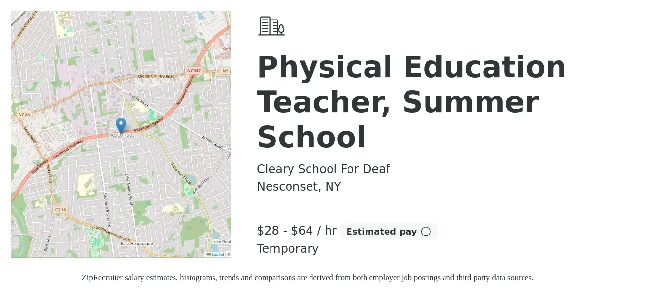 Cleary School For Deaf job posting for a Physical Education Teacher, Summer School in Nesconset, NY with a salary of $30 to $67 Hourly with a map of Nesconset location.