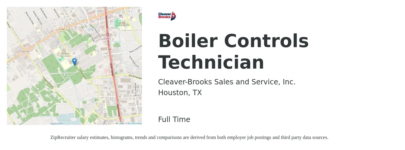 Cleaver-Brooks Sales and Service, Inc. job posting for a Boiler Controls Technician in Houston, TX with a salary of $28 to $43 Hourly with a map of Houston location.
