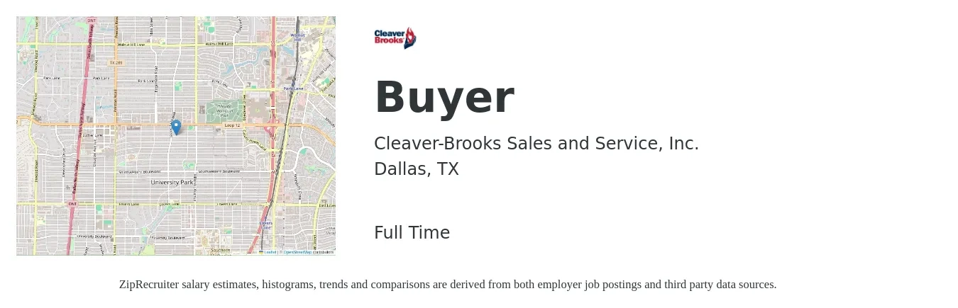Cleaver-Brooks Sales and Service, Inc. job posting for a Buyer in Dallas, TX with a salary of $51,500 to $74,000 Yearly with a map of Dallas location.