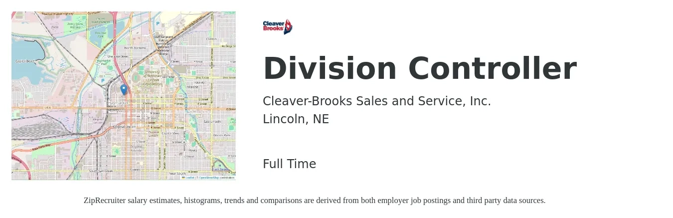 Cleaver-Brooks Sales and Service, Inc. job posting for a Division Controller in Lincoln, NE with a salary of $90,600 to $123,000 Yearly with a map of Lincoln location.