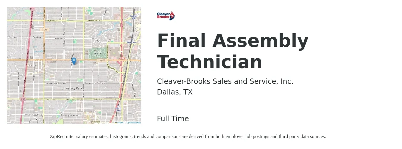 Cleaver-Brooks Sales and Service, Inc. job posting for a Final Assembly Technician in Dallas, TX with a salary of $16 to $20 Hourly with a map of Dallas location.