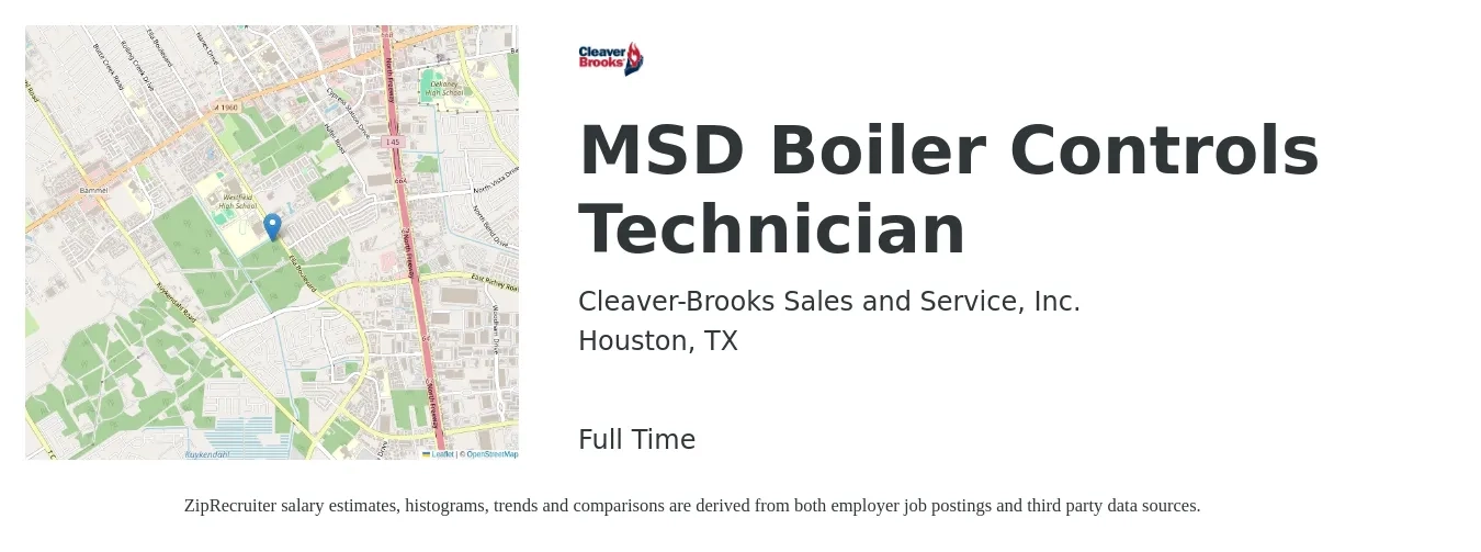 Cleaver-Brooks Sales and Service, Inc. job posting for a MSD Boiler Controls Technician in Houston, TX with a salary of $28 to $43 Hourly with a map of Houston location.