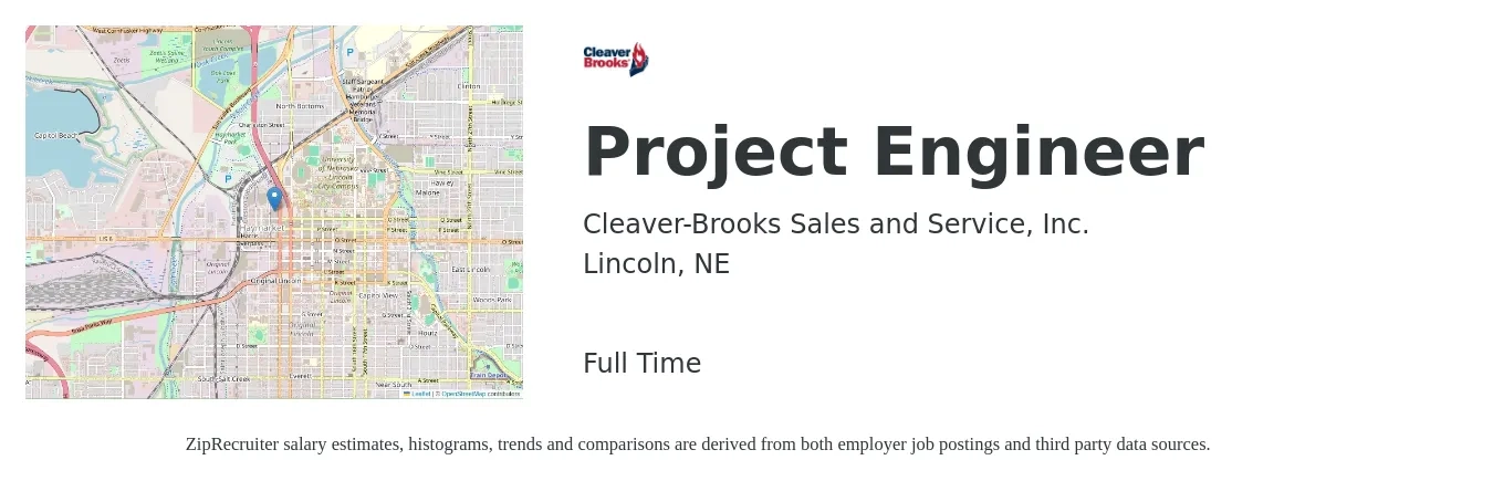 Cleaver-Brooks Sales and Service, Inc. job posting for a Project Engineer in Lincoln, NE with a salary of $64,800 to $90,600 Yearly with a map of Lincoln location.