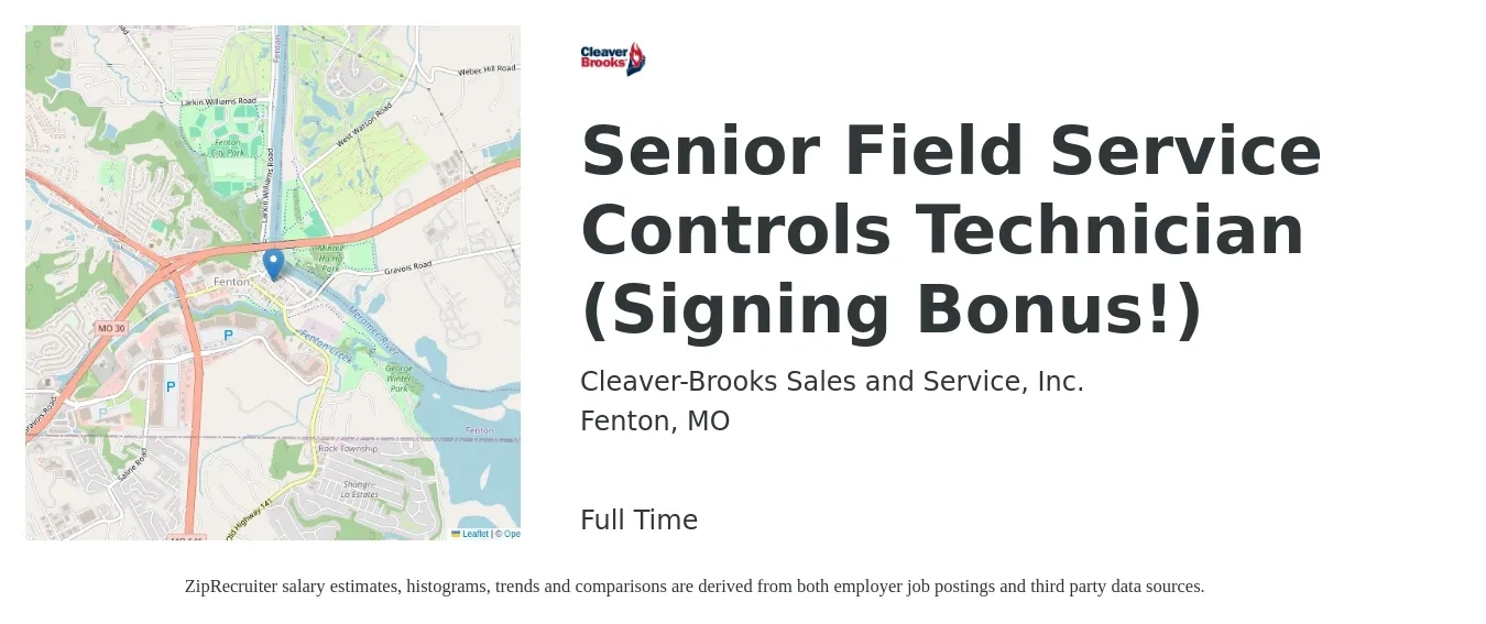 Cleaver-Brooks Sales and Service, Inc. job posting for a Senior Field Service Controls Technician (Signing Bonus!) in Fenton, MO with a salary of $19 to $28 Hourly with a map of Fenton location.