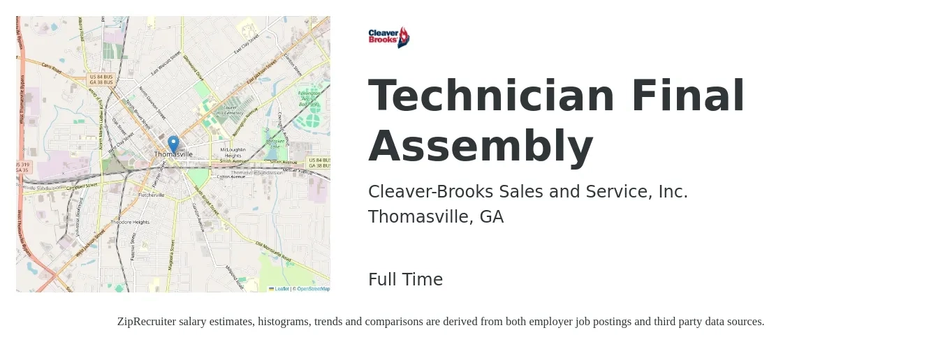 Cleaver-Brooks Sales and Service, Inc. job posting for a Technician Final Assembly in Thomasville, GA with a salary of $14 to $18 Hourly with a map of Thomasville location.