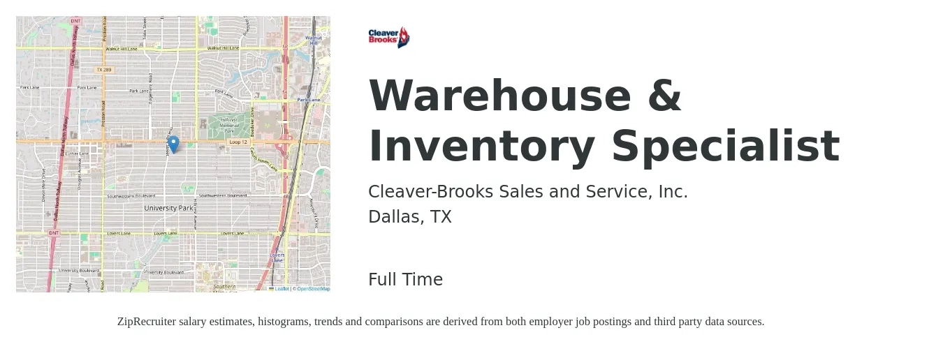 Cleaver-Brooks Sales and Service, Inc. job posting for a Warehouse & Inventory Specialist in Dallas, TX with a salary of $16 to $21 Hourly with a map of Dallas location.