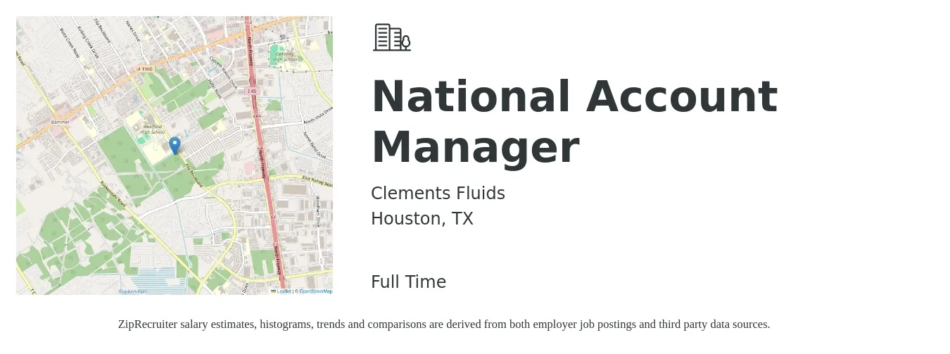 Clements Fluids job posting for a National Account Manager in Houston, TX with a salary of $92,600 to $119,400 Yearly with a map of Houston location.