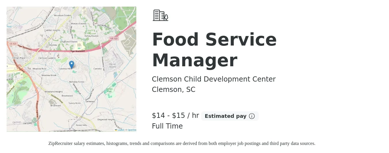 Clemson Child Development Center job posting for a Food Service Manager in Clemson, SC with a salary of $15 to $16 Hourly with a map of Clemson location.