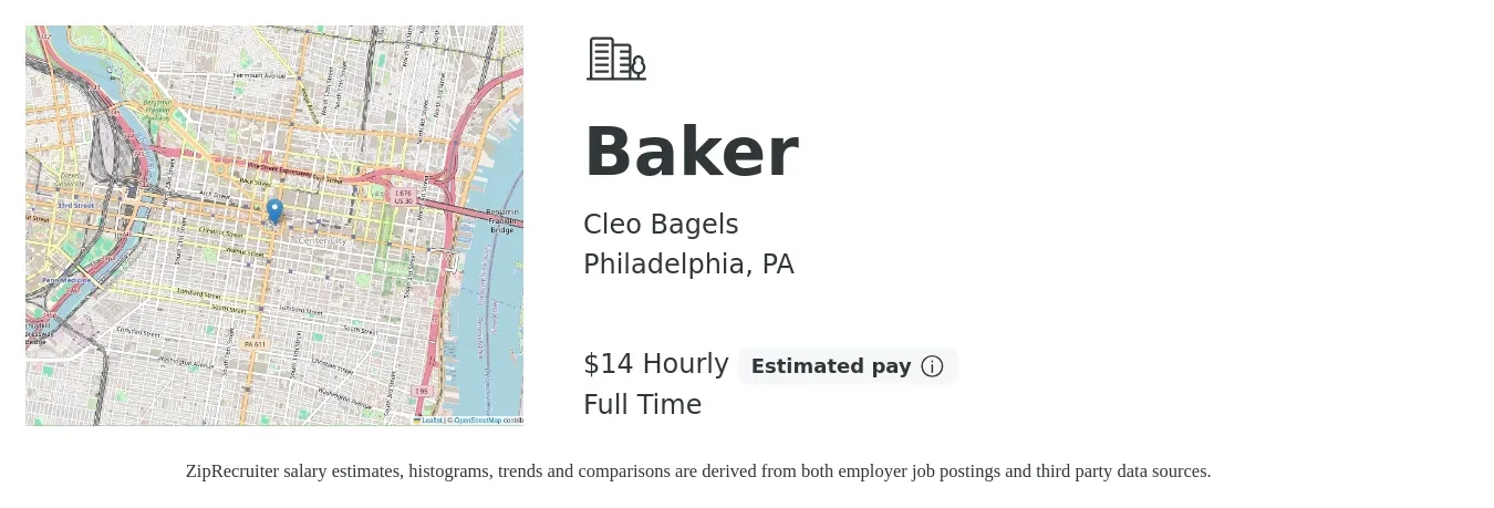Cleo Bagels job posting for a Baker in Philadelphia, PA with a salary of $15 Hourly with a map of Philadelphia location.