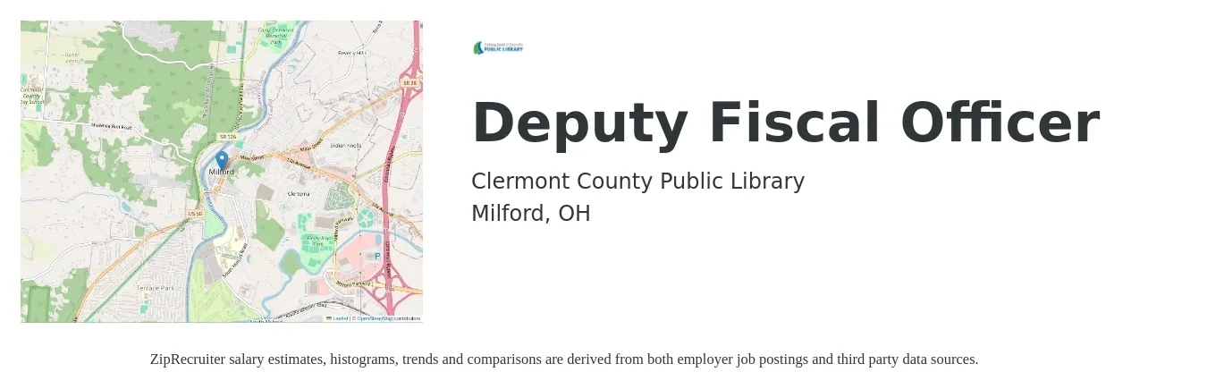Clermont County Public Library job posting for a Deputy Fiscal Officer in Milford, OH with a salary of $50,000 to $81,800 Yearly with a map of Milford location.