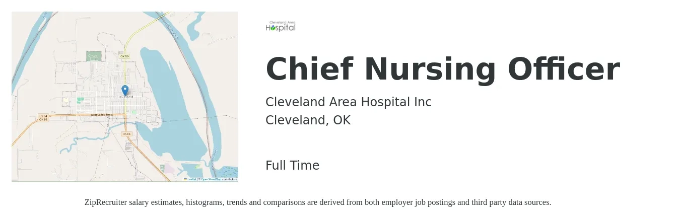 Cleveland Area Hospital Inc job posting for a Chief Nursing Officer in Cleveland, OK with a salary of $105,300 to $144,600 Yearly with a map of Cleveland location.