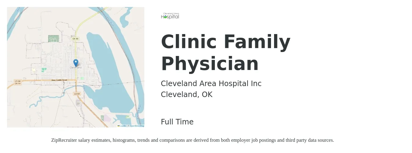 Cleveland Area Hospital Inc job posting for a Clinic Family Physician in Cleveland, OK with a salary of $107,800 to $209,000 Yearly with a map of Cleveland location.