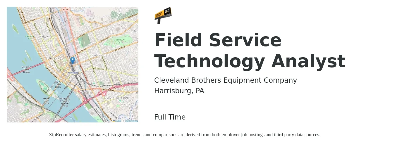 Cleveland Brothers Equipment Company job posting for a Field Service Technology Analyst in Harrisburg, PA with a salary of $21 to $30 Hourly with a map of Harrisburg location.
