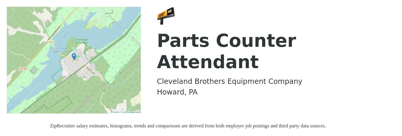 Cleveland Brothers Equipment Company job posting for a Parts Counter Attendant in Howard, PA with a salary of $17 to $23 Hourly with a map of Howard location.