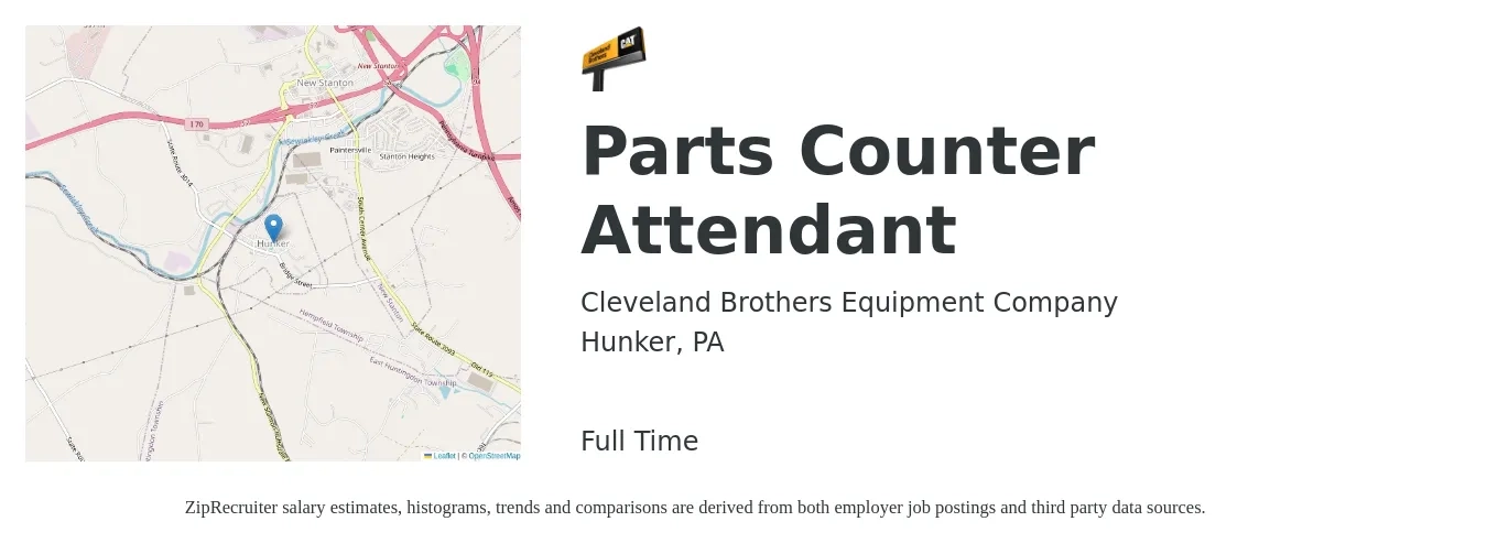 Cleveland Brothers Equipment Company job posting for a Parts Counter Attendant in Hunker, PA with a salary of $17 to $23 Hourly with a map of Hunker location.