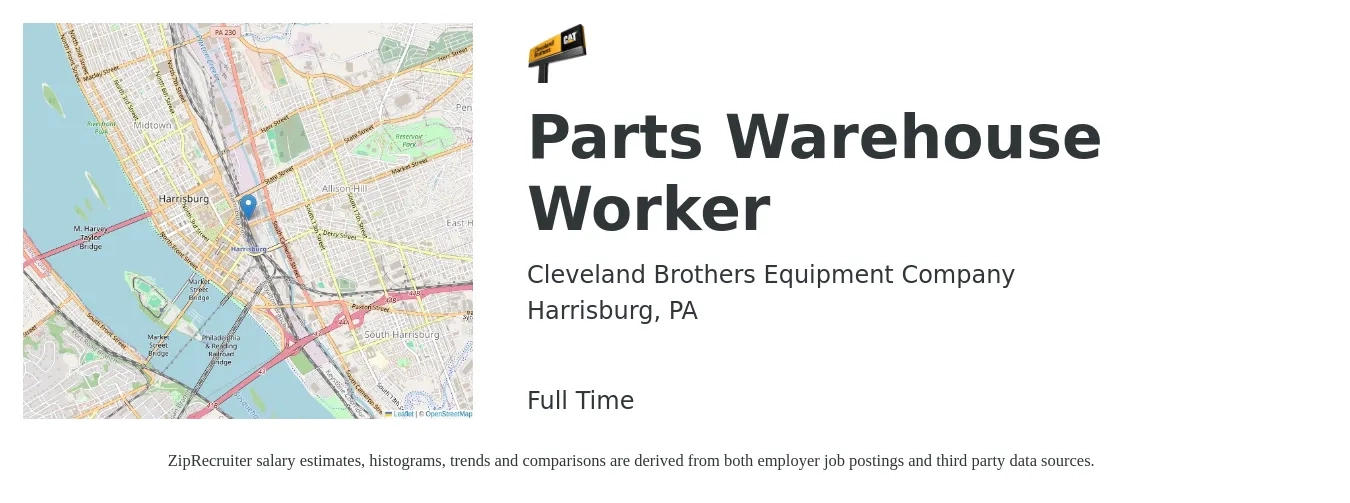 Cleveland Brothers Equipment Company job posting for a Parts Warehouse Worker in Harrisburg, PA with a salary of $16 to $19 Hourly with a map of Harrisburg location.