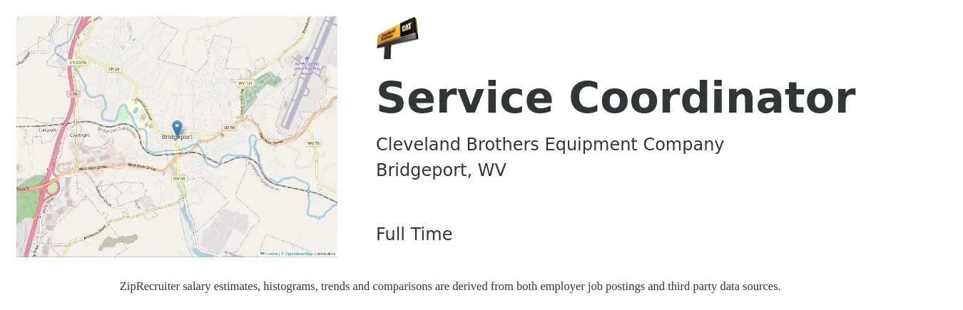 Cleveland Brothers Equipment Company job posting for a Service Coordinator in Bridgeport, WV with a salary of $20 to $26 Hourly with a map of Bridgeport location.