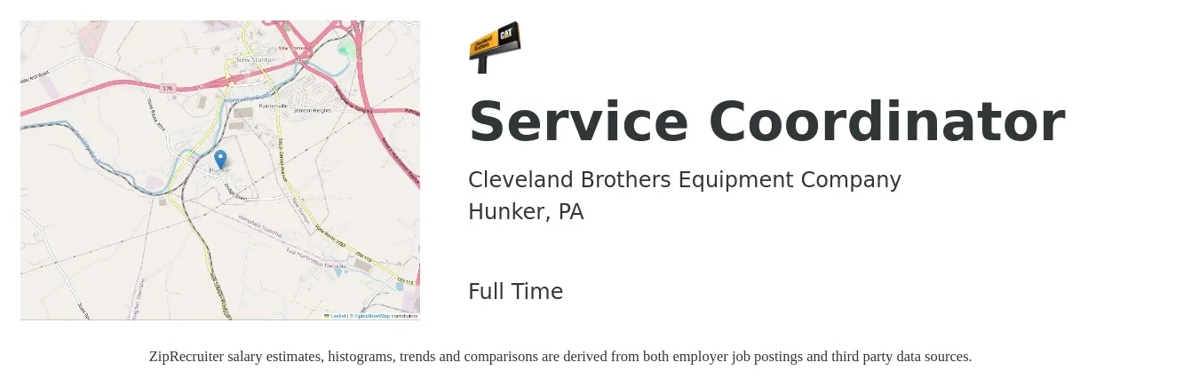 Cleveland Brothers Equipment Company job posting for a Service Coordinator in Hunker, PA with a salary of $19 to $24 Hourly with a map of Hunker location.