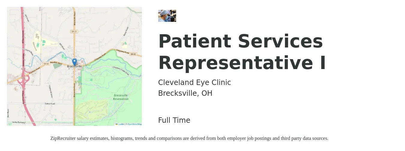 Cleveland Eye Clinic job posting for a Patient Services Representative I in Brecksville, OH with a salary of $16 to $21 Hourly with a map of Brecksville location.