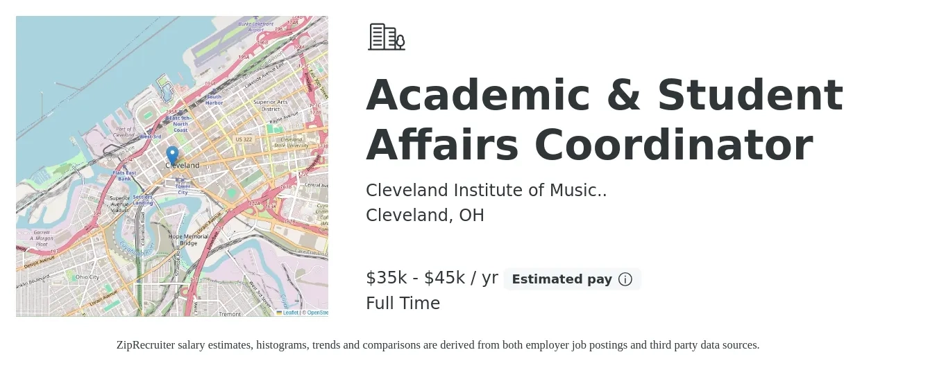 Cleveland Institute of Music.. job posting for a Academic & Student Affairs Coordinator in Cleveland, OH with a salary of $35,000 to $45,000 Yearly with a map of Cleveland location.