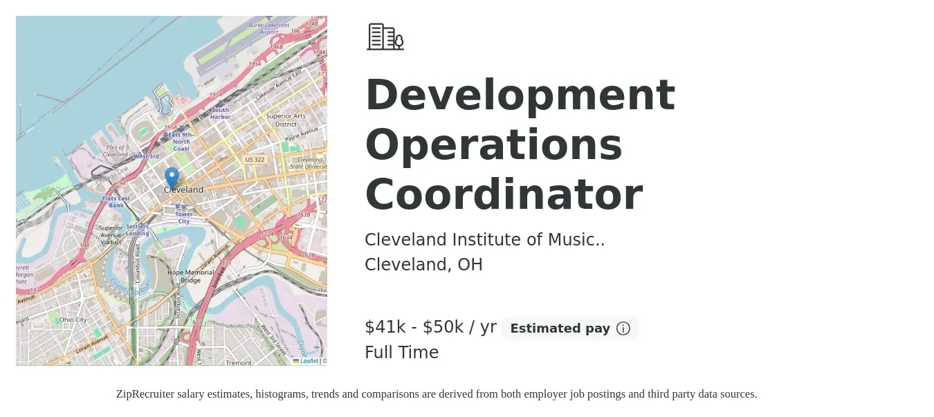 Cleveland Institute of Music.. job posting for a Development Operations Coordinator in Cleveland, OH with a salary of $41,300 to $50,000 Yearly with a map of Cleveland location.