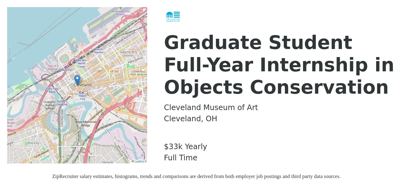 Cleveland Museum of Art job posting for a Graduate Student Full-Year Internship in Objects Conservation in Cleveland, OH with a salary of $33,000 Yearly with a map of Cleveland location.