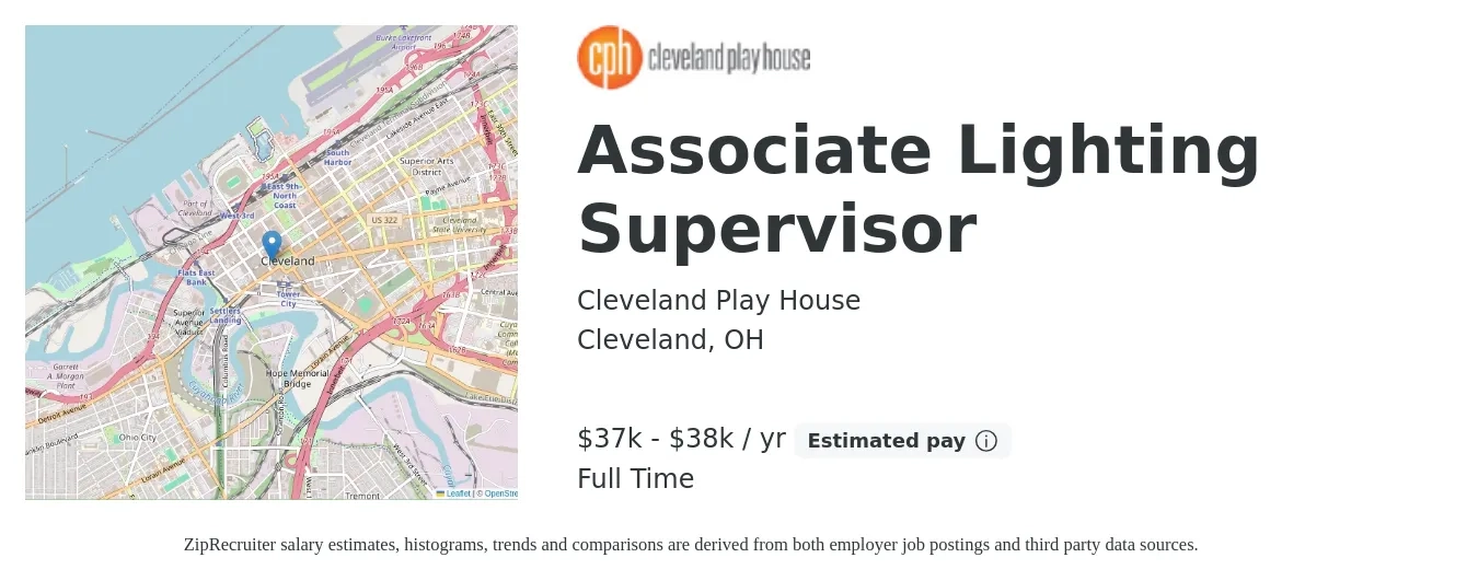 Cleveland Play House job posting for a Associate Lighting Supervisor in Cleveland, OH with a salary of $37,250 to $38,750 Yearly with a map of Cleveland location.