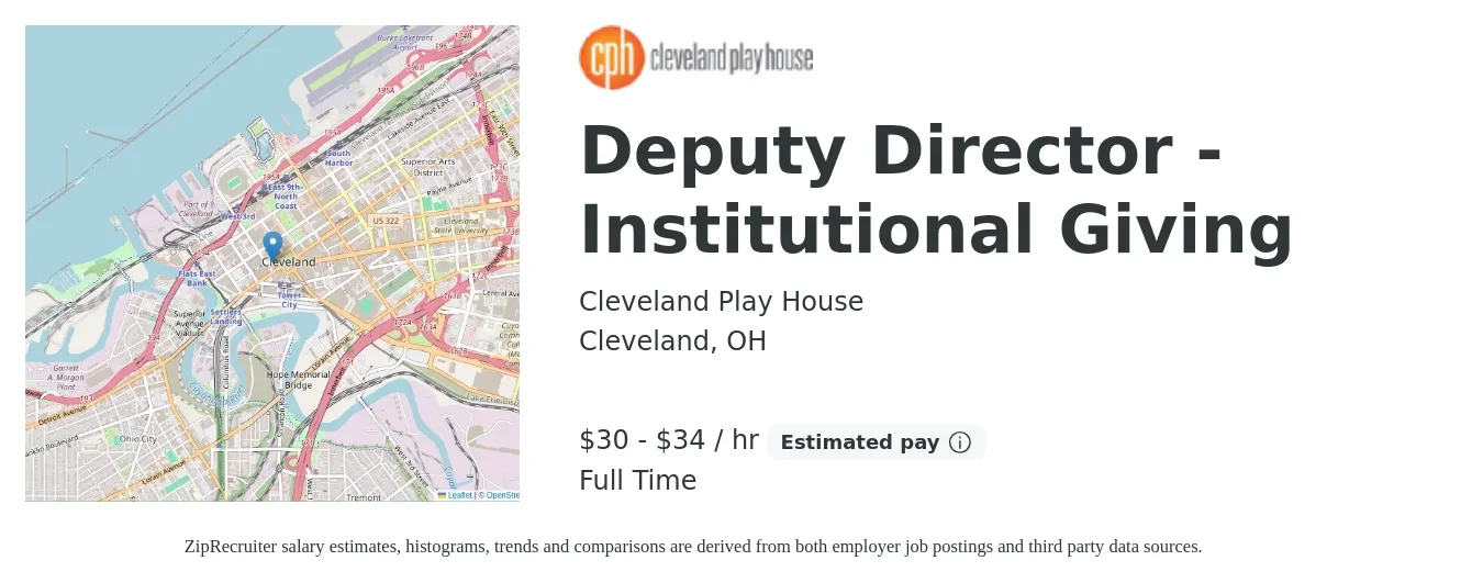 Cleveland Play House job posting for a Deputy Director - Institutional Giving in Cleveland, OH with a salary of $65,000 to $75,000 Yearly with a map of Cleveland location.
