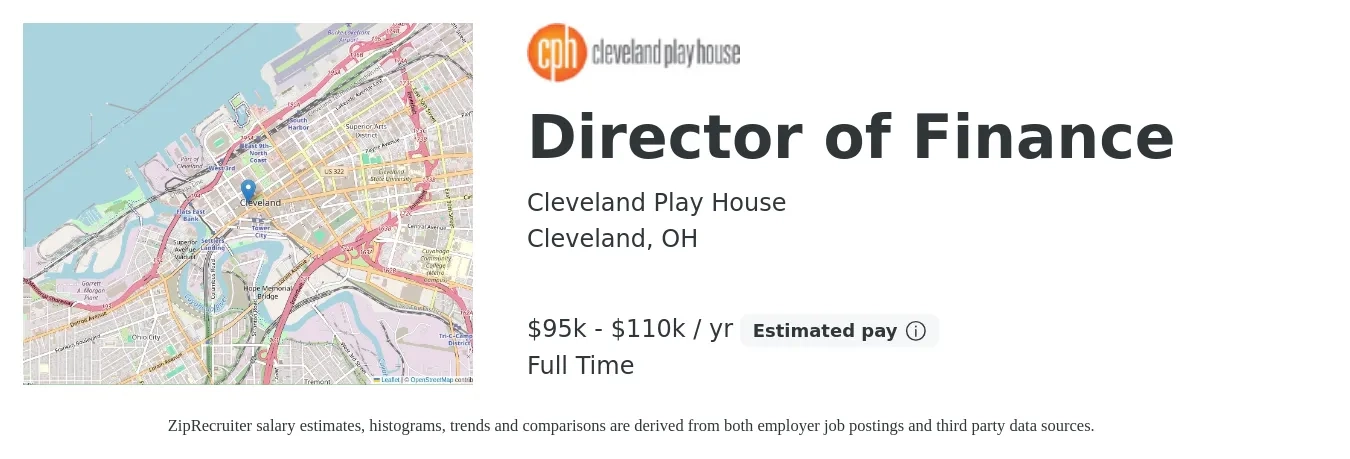 Cleveland Play House job posting for a Director of Finance in Cleveland, OH with a salary of $95,000 to $110,000 Yearly with a map of Cleveland location.