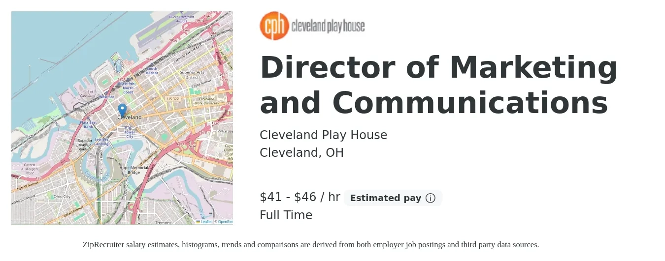 Cleveland Play House job posting for a Director of Marketing and Communications in Cleveland, OH with a salary of $90,000 to $100,000 Yearly with a map of Cleveland location.