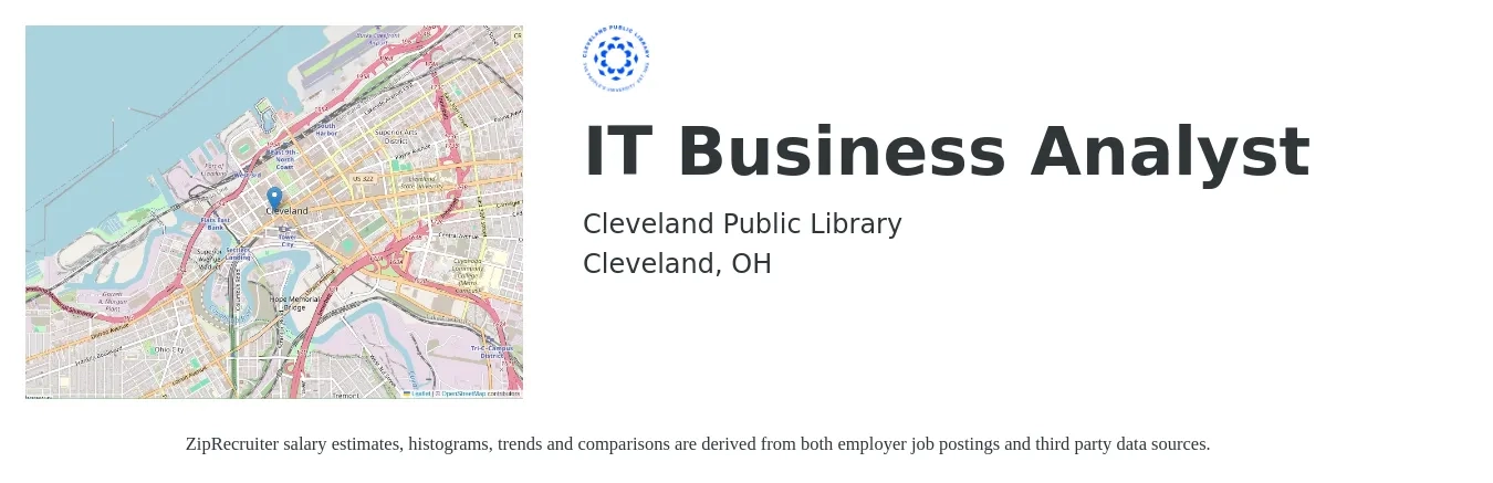 Cleveland Public Library job posting for a IT Business Analyst in Cleveland, OH with a salary of $77,825 Yearly and benefits including life_insurance, medical, pto, retirement, vision, and dental with a map of Cleveland location.