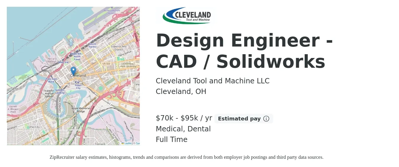 Cleveland Tool and Machine LLC job posting for a Design Engineer - CAD / Solidworks in Cleveland, OH with a salary of $70,000 to $95,000 Yearly and benefits including life_insurance, medical, retirement, and dental with a map of Cleveland location.