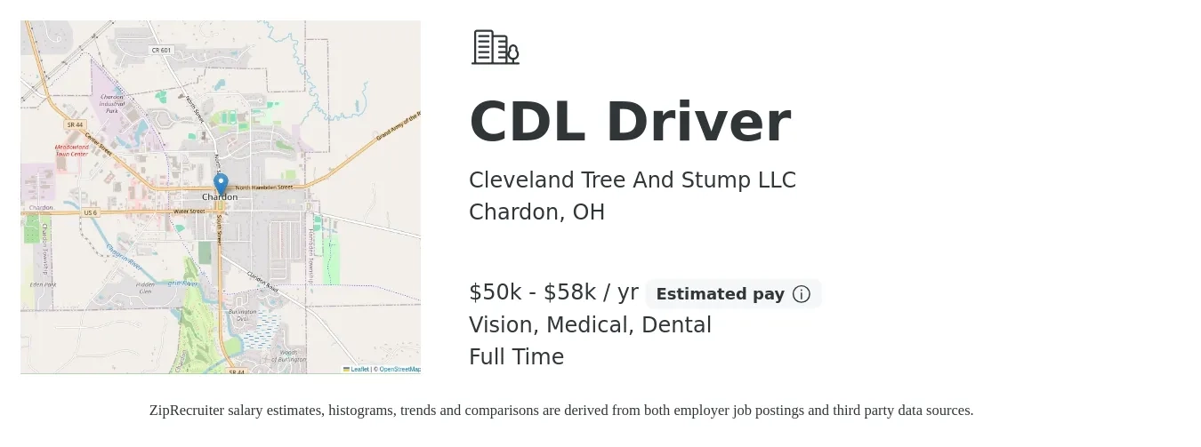 Cleveland Tree And Stump LLC job posting for a CDL Driver in Chardon, OH with a salary of $50,000 to $58,000 Yearly and benefits including life_insurance, medical, pto, retirement, vision, and dental with a map of Chardon location.