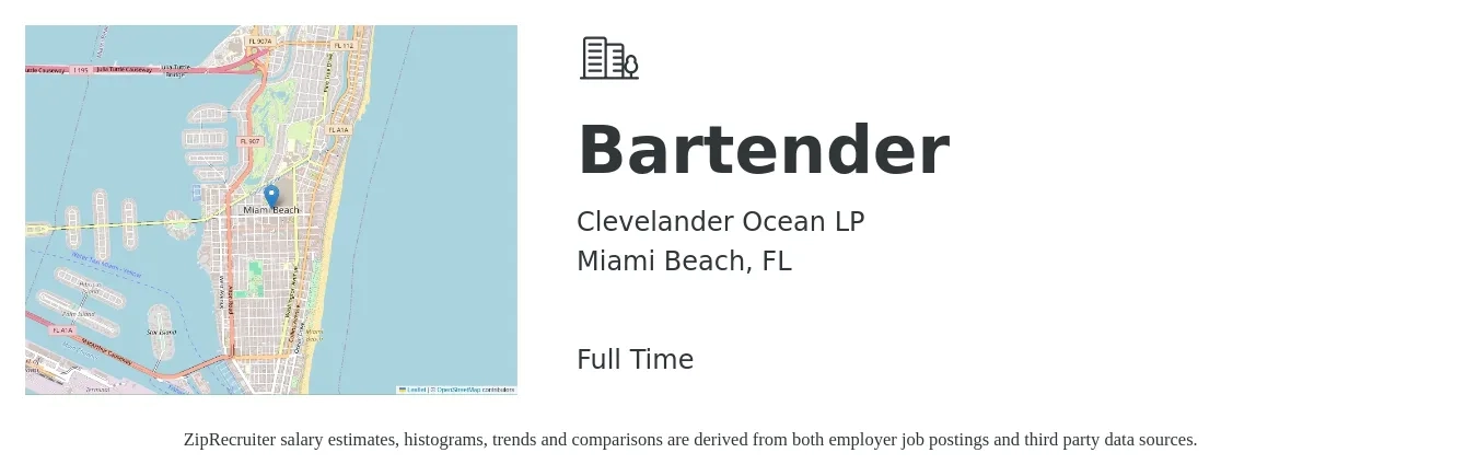 Clevelander Ocean LP job posting for a Bartender in Miami Beach, FL with a salary of $10 to $18 Hourly with a map of Miami Beach location.