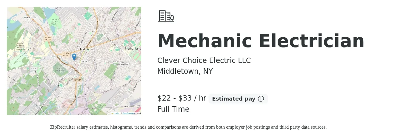 Clever Choice Electric LLC job posting for a Mechanic Electrician in Middletown, NY with a salary of $23 to $35 Hourly with a map of Middletown location.