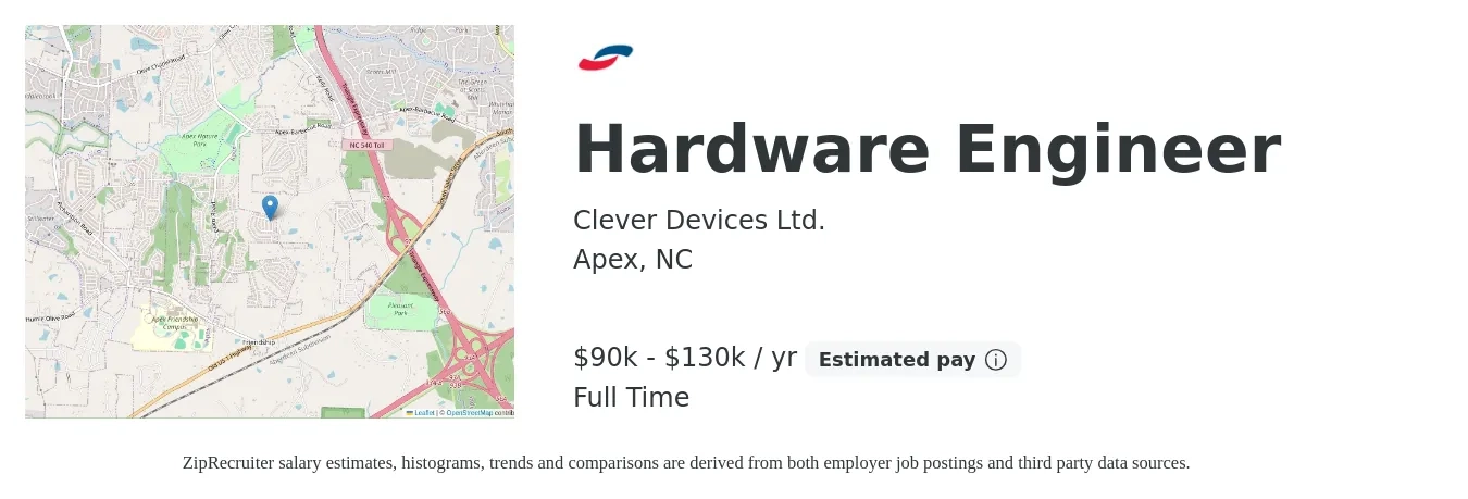 Clever Devices Ltd. job posting for a Hardware Engineer in Apex, NC with a salary of $90,000 to $130,000 Yearly with a map of Apex location.