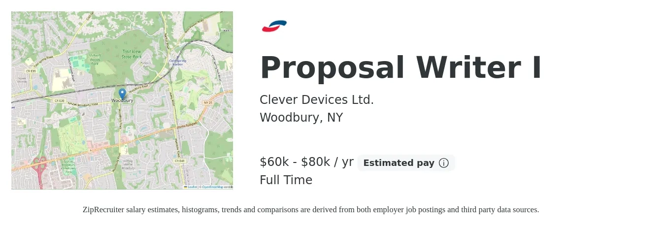 Clever Devices Ltd. job posting for a Proposal Writer I in Woodbury, NY with a salary of $60,000 to $80,000 Yearly with a map of Woodbury location.