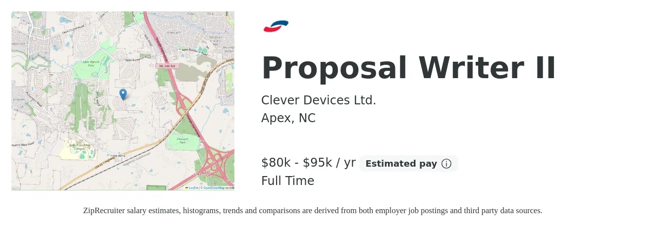 Clever Devices Ltd. job posting for a Proposal Writer II in Apex, NC with a salary of $80,000 to $95,000 Yearly with a map of Apex location.