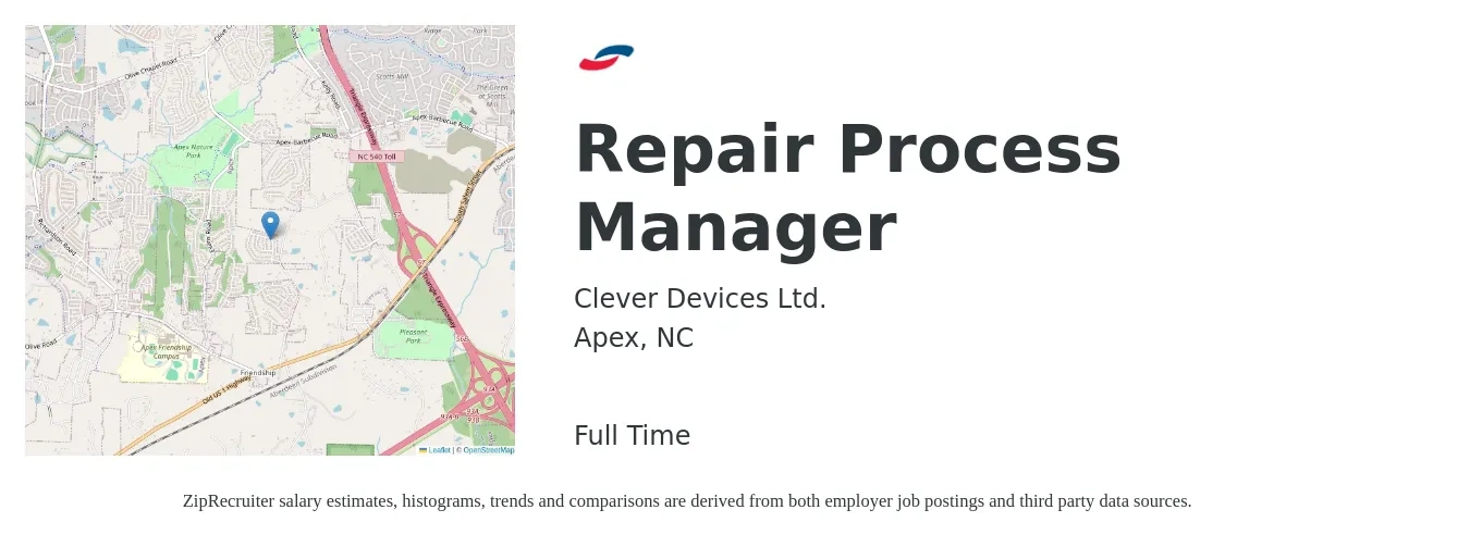 Clever Devices Ltd. job posting for a Repair Process Manager in Apex, NC with a salary of $38,300 to $60,500 Yearly with a map of Apex location.