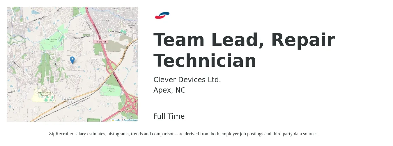 Clever Devices Ltd. job posting for a Team Lead, Repair Technician in Apex, NC with a salary of $33,700 to $43,600 Yearly with a map of Apex location.